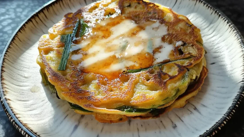 Close-up of crispy golden scallion pancakes topped with a drizzle of syrup, served on a ceramic plate.