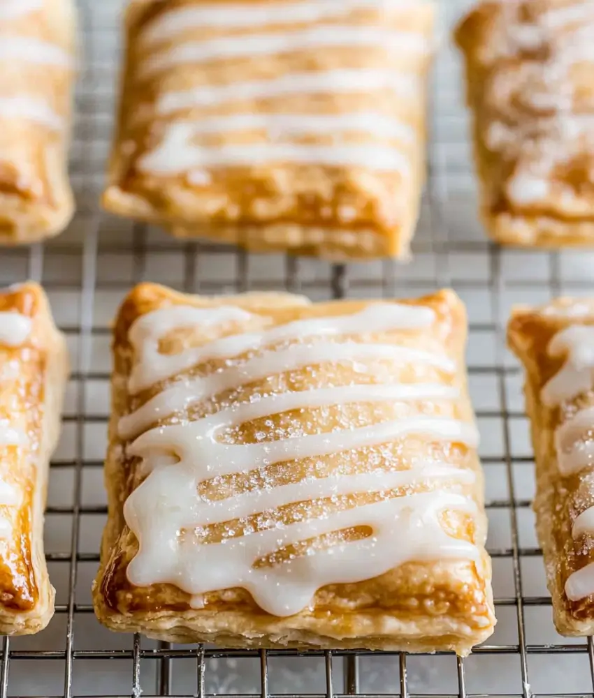 Freshly baked sourdough pop tarts cooling on a wire rack, topped with a sweet vanilla glaze and a light sprinkle of sugar.