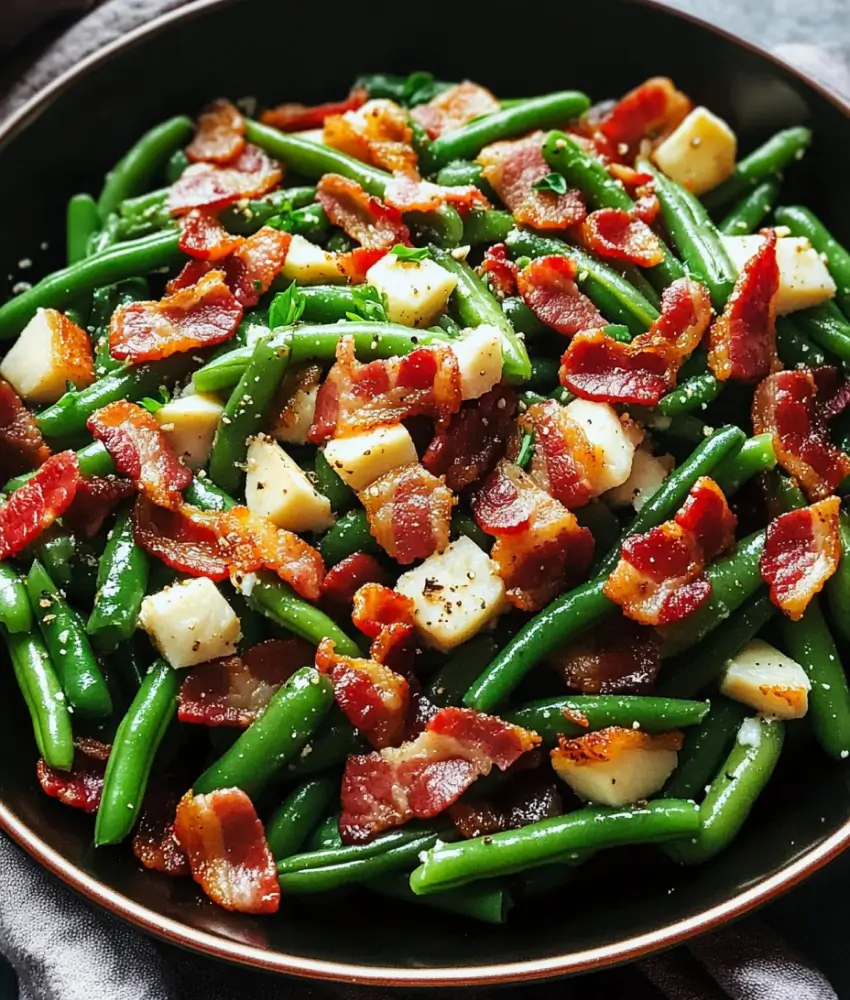 Fresh green beans served with crispy bacon pieces and cubed cheese, garnished with herbs in a black bowl.