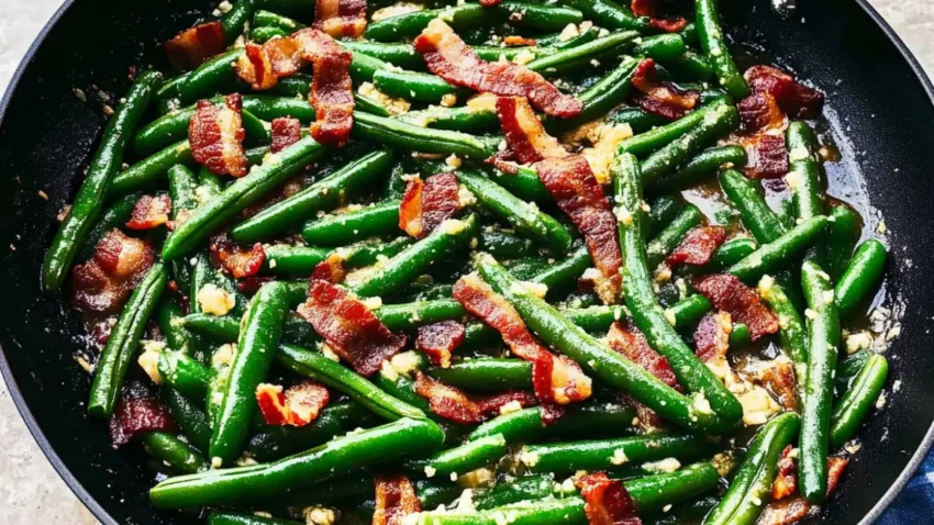 Sautéed green beans with crispy bacon pieces in a black skillet, topped with garlic and seasoning.