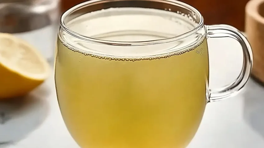 A glass mug filled with warm green tea, with a slice of lemon in the background