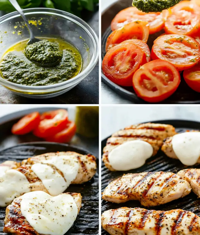 A collage showing steps to prepare grilled chicken margherita: pesto in a bowl, sliced tomatoes with pesto, grilled chicken with melted mozzarella, and chicken on the grill.