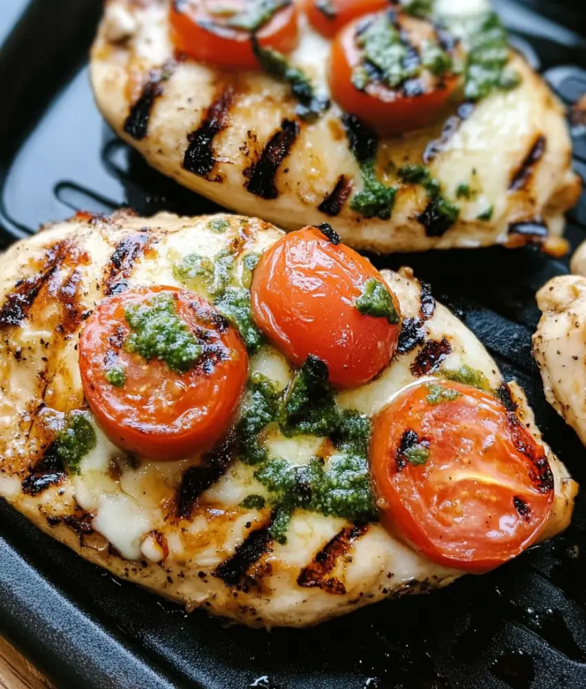 Grilled chicken breast topped with melted mozzarella, roasted cherry tomatoes, and drizzled with fresh pesto on a grill pan.