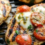 Close-up of grilled chicken margherita topped with melted mozzarella, cherry tomatoes, fresh basil, and pesto on a grill.