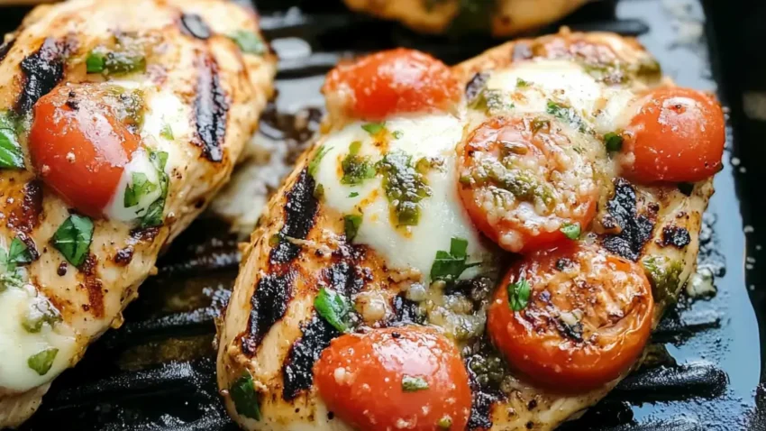 Close-up of grilled chicken margherita topped with melted mozzarella, cherry tomatoes, fresh basil, and pesto on a grill.