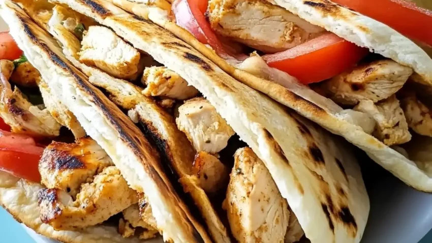 Three grilled chicken pitas filled with chicken, red onions, cucumbers, and tomatoes, served with a small bowl of tzatziki sauce on the side.