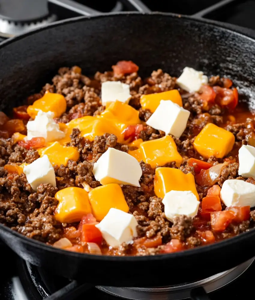 Ground beef, diced tomatoes, and cubes of cheddar and cream cheese in a cast iron skillet on a stovetop, ready to be cooked into a hamburger dip.