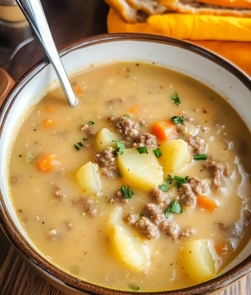 A bowl of hearty hamburger potato soup with ground beef, potatoes, carrots, and garnished with fresh herbs, served with bread in the background.