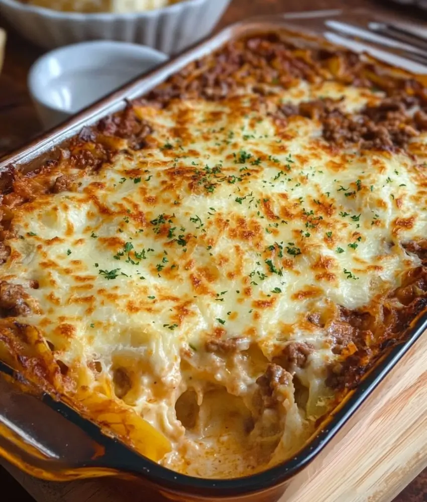 A freshly baked spaghetti casserole in a glass dish, topped with golden, bubbly cheese and garnished with parsley, with a portion scooped out revealing layers of pasta, meat sauce, and creamy cheese.