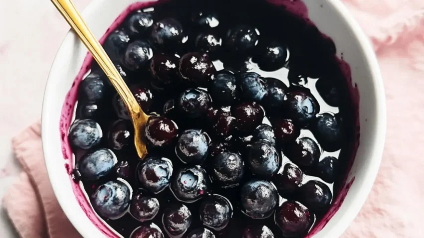 Close-up of a bowl of homemade blueberry sauce with a golden spoon, showing glistening blueberries in a rich, dark syrup.