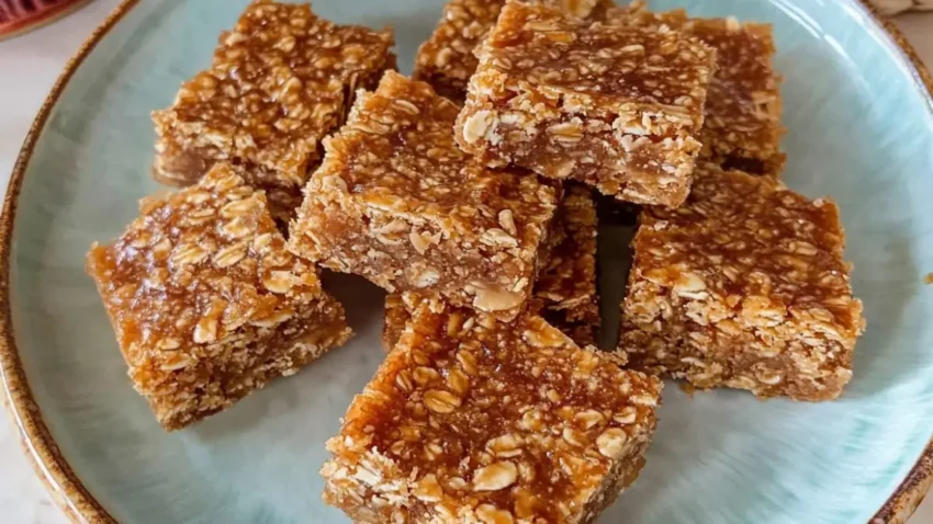 Close-up of golden buttery flapjack oat bars stacked on a light blue plate.