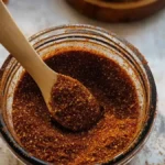 A jar of chipotle seasoning with a wooden spoon scooping up the spicy blend, placed on a light-colored surface with a striped cloth in the background.