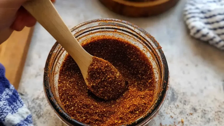 A jar of chipotle seasoning with a wooden spoon scooping up the spicy blend, placed on a light-colored surface with a striped cloth in the background.