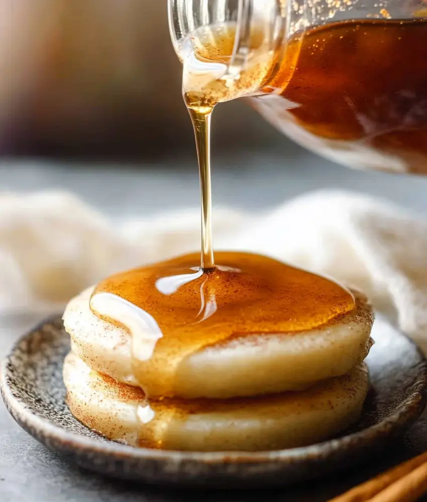 Golden homemade cinnamon syrup being poured over a stack of fluffy pancakes on a rustic plate, with a warm, soft background.