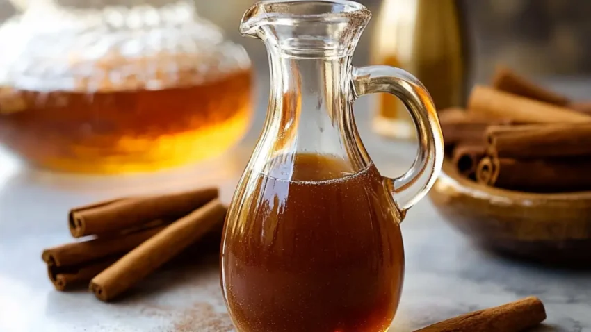 A glass pitcher filled with rich brown homemade cinnamon syrup surrounded by cinnamon sticks and a blurred background featuring jars and warm lighting.