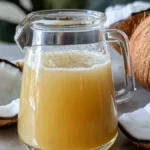 A glass pitcher filled with golden coconut syrup surrounded by fresh coconuts and coconut pieces on a marble surface.