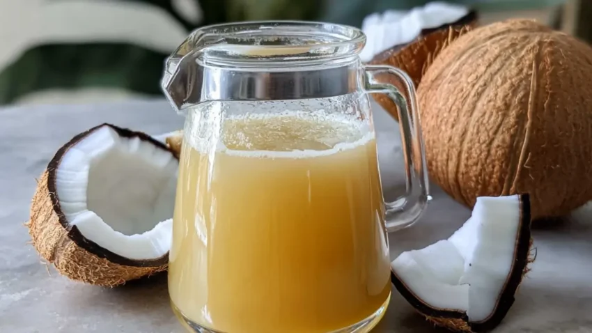 A glass pitcher filled with golden coconut syrup surrounded by fresh coconuts and coconut pieces on a marble surface.