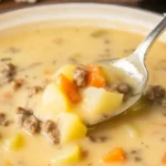 A close-up of creamy hamburger potato soup in a bowl with a spoonful of ground beef, potatoes, and carrots.