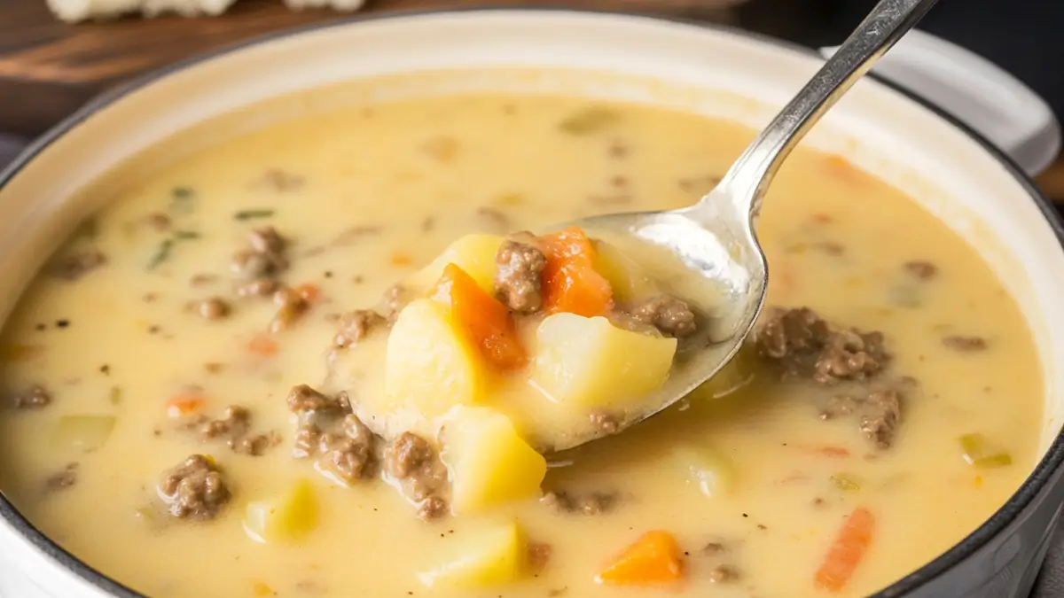 A close-up of creamy hamburger potato soup in a bowl with a spoonful of ground beef, potatoes, and carrots.