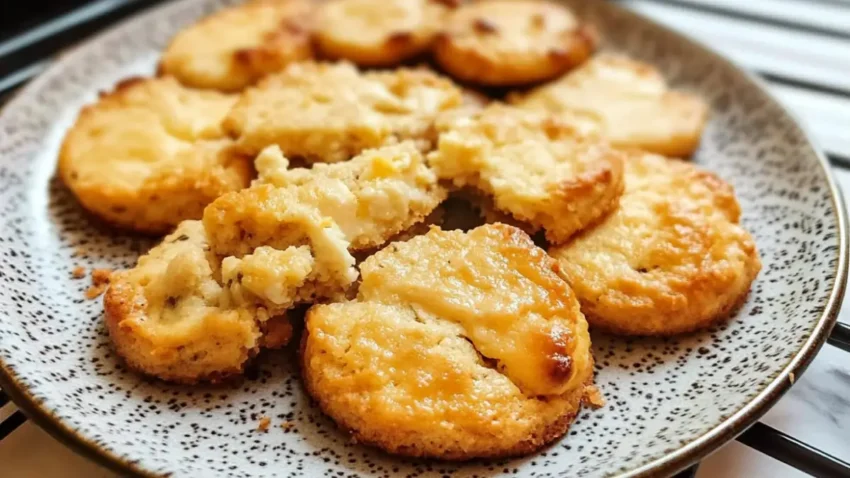 Close-up of freshly baked egg biscuits served on a speckled ceramic plate, showcasing their golden crust and soft, crumbly texture.