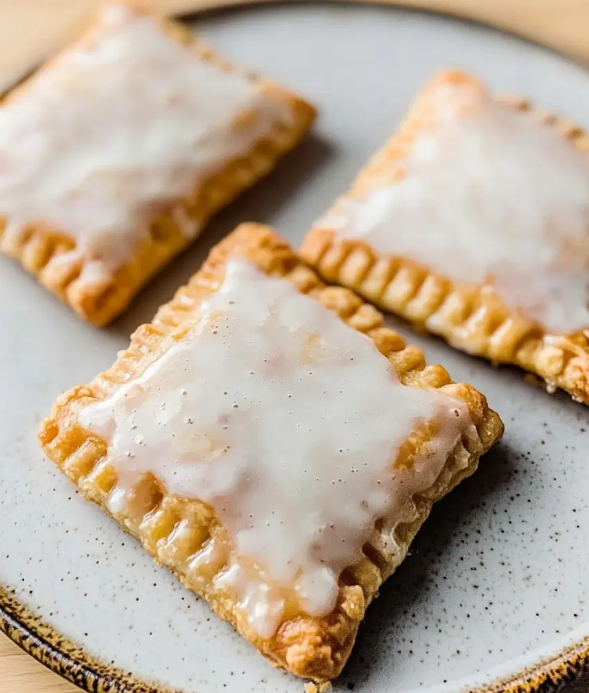 Three homemade sourdough pop tarts topped with icing, served on a rustic ceramic plate.