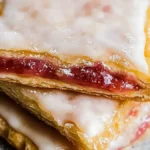 Close-up of homemade sourdough pop tarts filled with strawberry jam and topped with a light glaze, stacked on a plate.