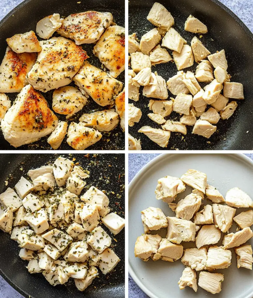 Diced cooked chicken in a skillet seasoned with herbs, prepared for BBQ flatbread.