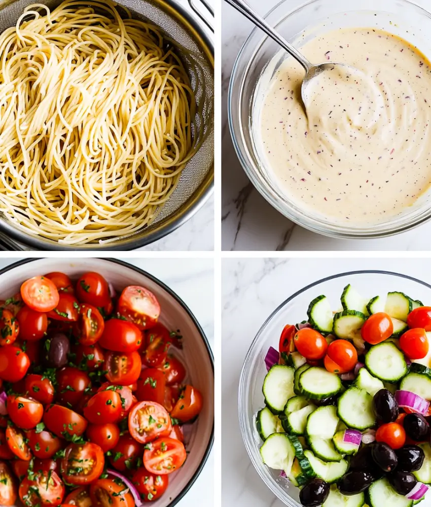 Ingredients for California spaghetti salad: cooked spaghetti, creamy dressing, cherry tomatoes, cucumbers, and black olives in bowls.