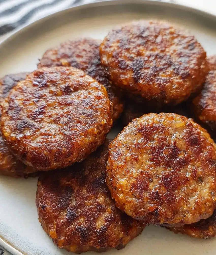 A close-up view of golden-brown sausage patties arranged on a plate, ready to serve.