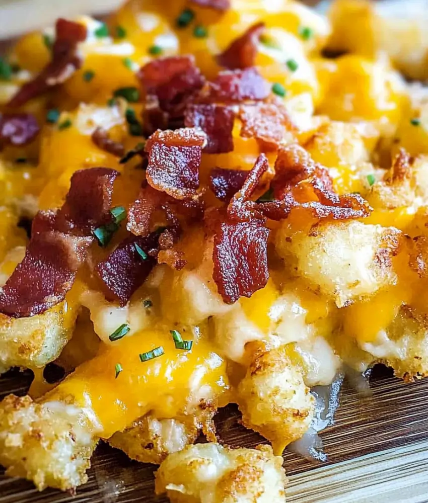 Crispy tater tots topped with cheddar cheese, bacon, and fresh chives on a wooden board.