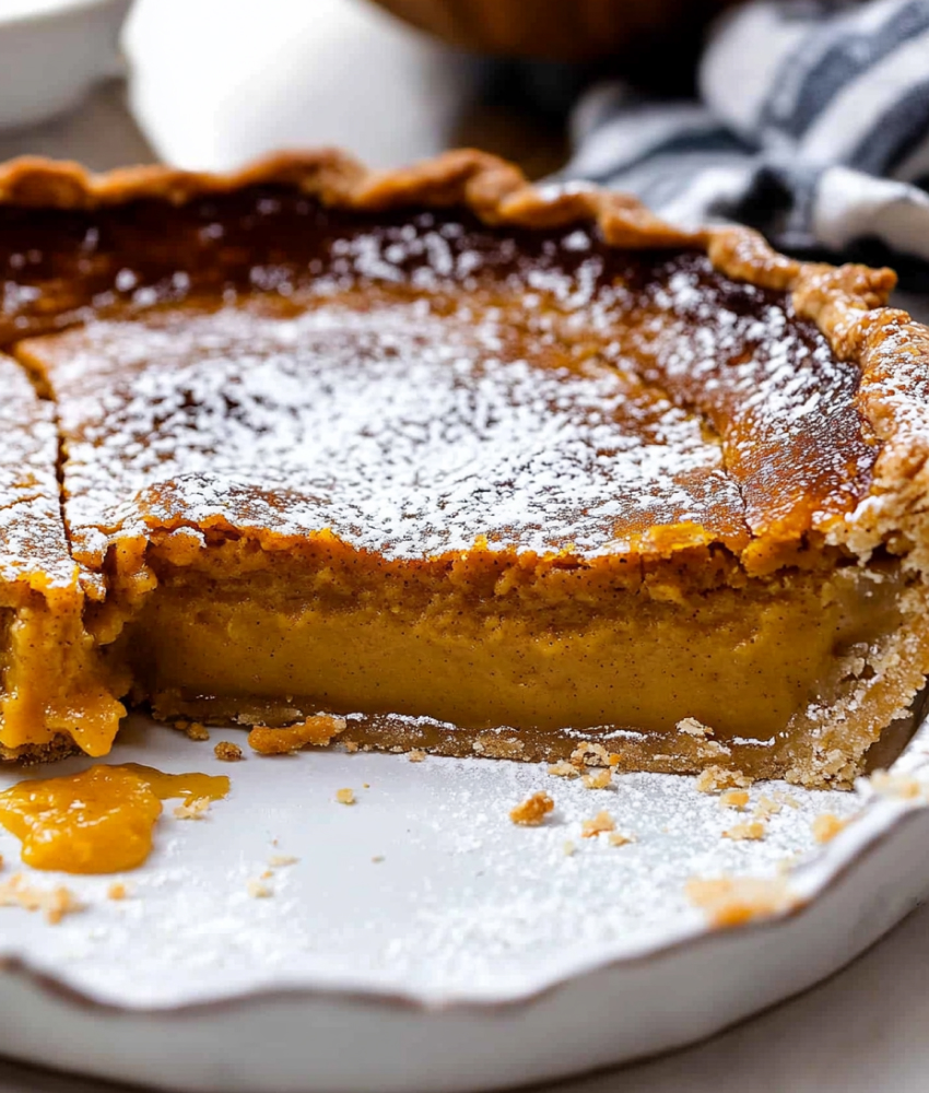 Milk Bar pumpkin pie in a white dish with a slice removed, showing its golden, creamy filling and flaky crust, topped with powdered sugar.