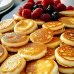 A plate of golden mini pancakes topped with fresh raspberries and blackberries, served with utensils on the side.