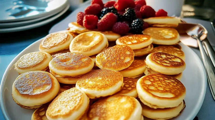 A plate of golden mini pancakes topped with fresh raspberries and blackberries, served with utensils on the side.