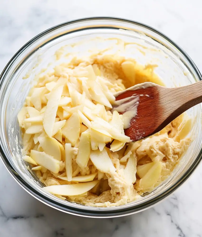 A glass mixing bowl filled with apple cake batter and fresh sliced apples, being stirred with a wooden spoon on a marble countertop.