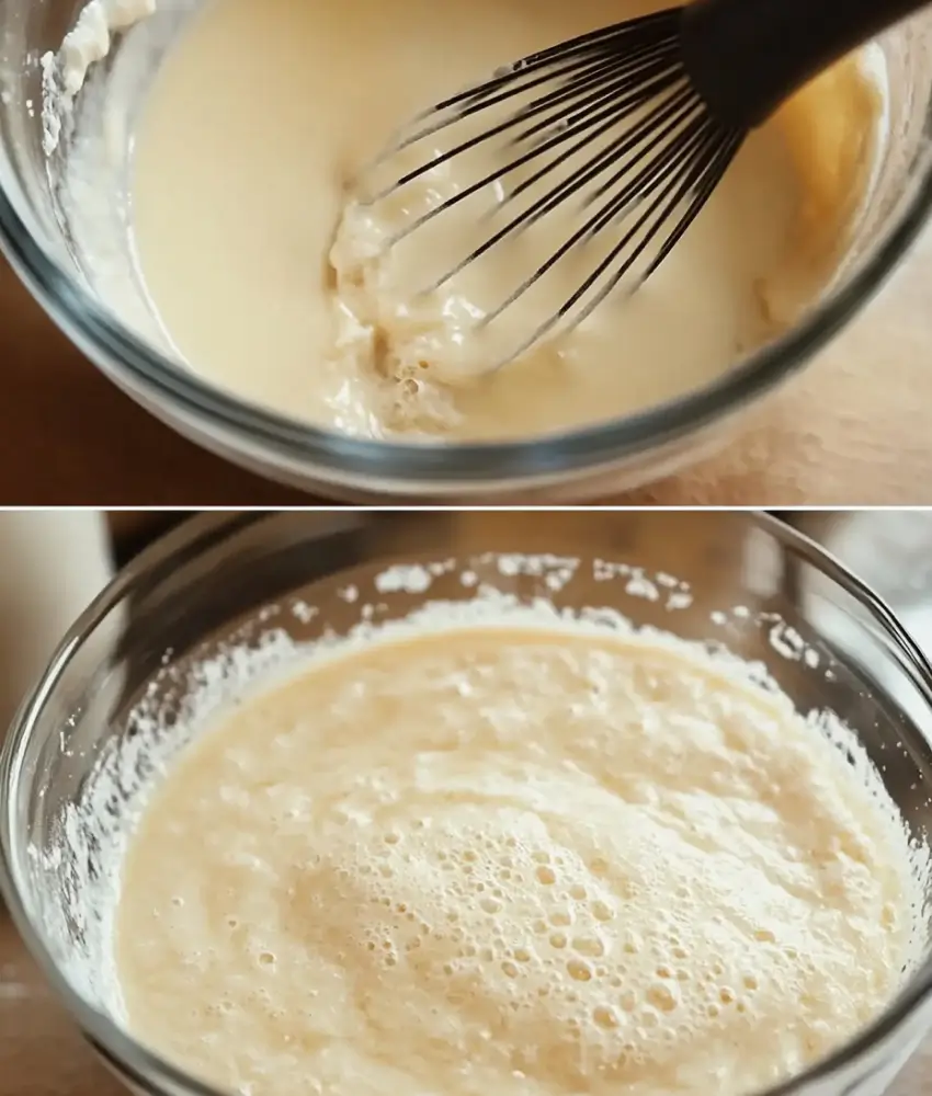 Two-step process of mixing dry ingredients and then combining them with wet ingredients in a bowl for pancake batter.