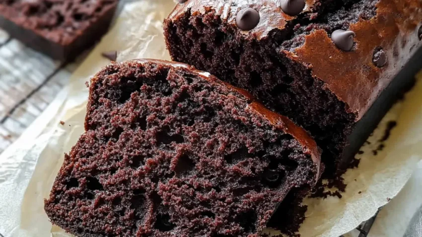 Close-up of freshly baked chocolate chip bread, sliced to reveal its moist and rich chocolate interior, topped with glossy chocolate chips.