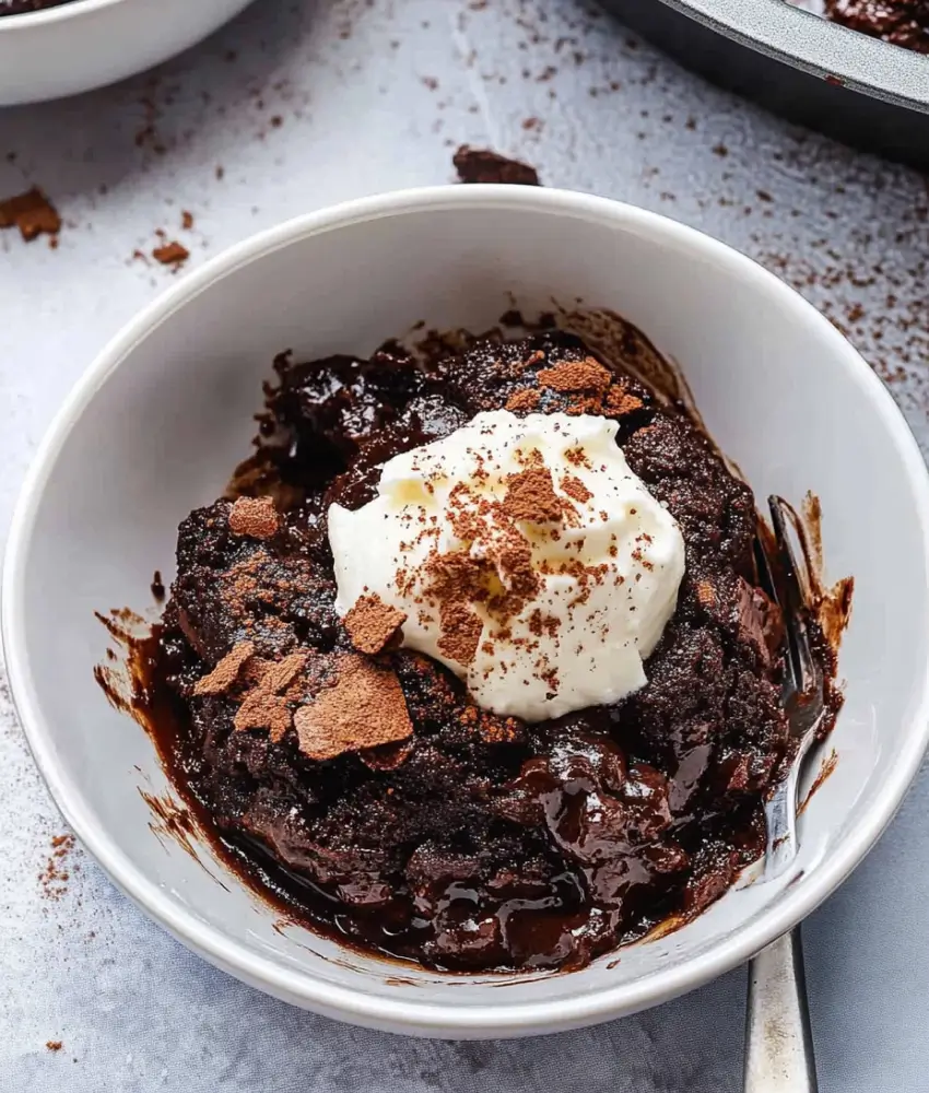 A rich and gooey chocolate cobbler served in a white bowl, topped with whipped cream and sprinkled with cocoa powder.