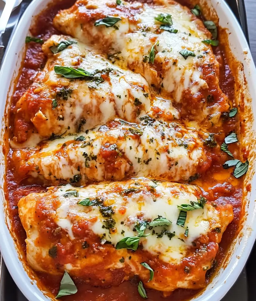 Baked chicken parmesan in a casserole dish, topped with marinara sauce, melted mozzarella cheese, and garnished with fresh basil leaves.