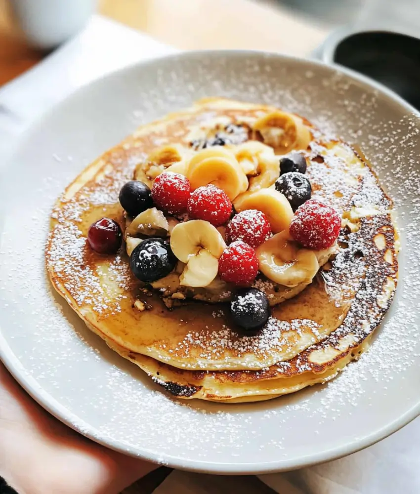 A plate of golden pancakes topped with fresh banana slices, raspberries, blueberries, and powdered sugar, served on a white plate.