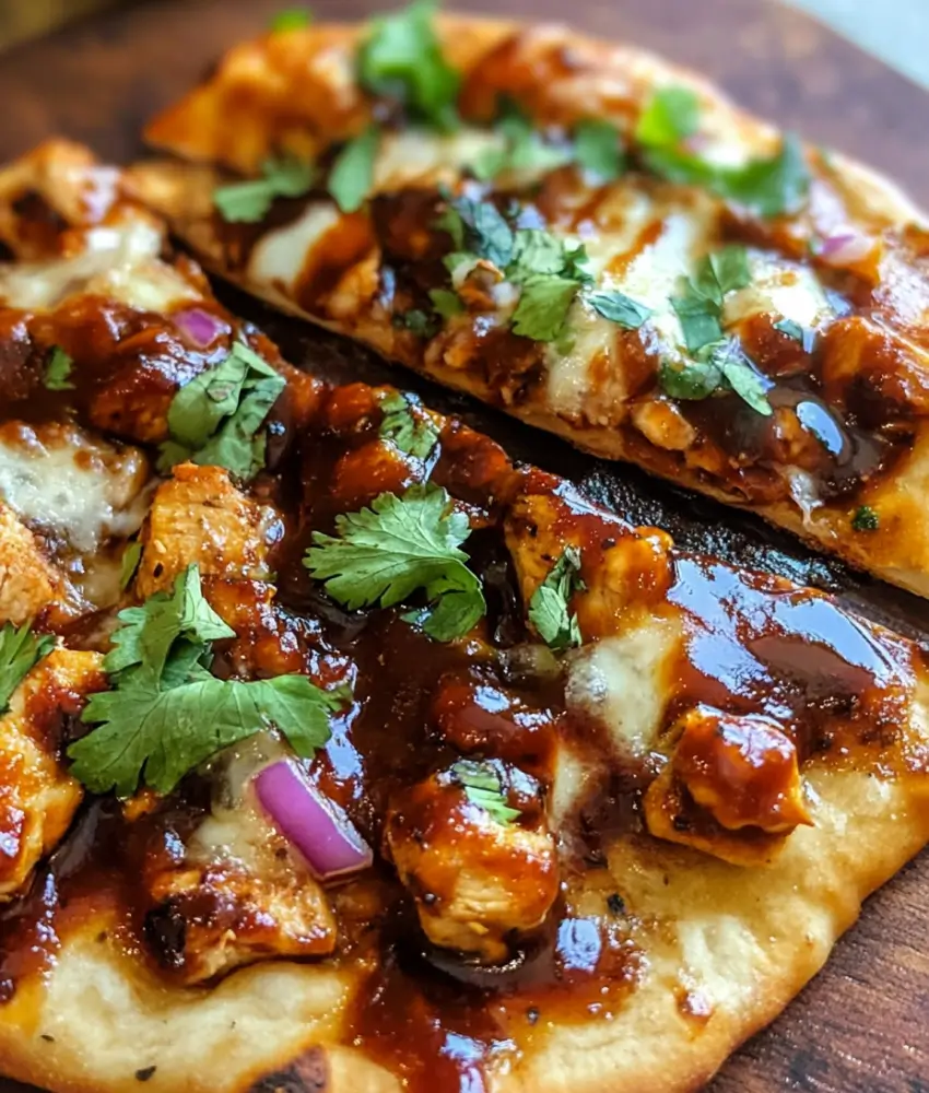 BBQ flatbread topped with chicken, barbecue sauce, cheese, red onions, and fresh cilantro on a wooden surface.