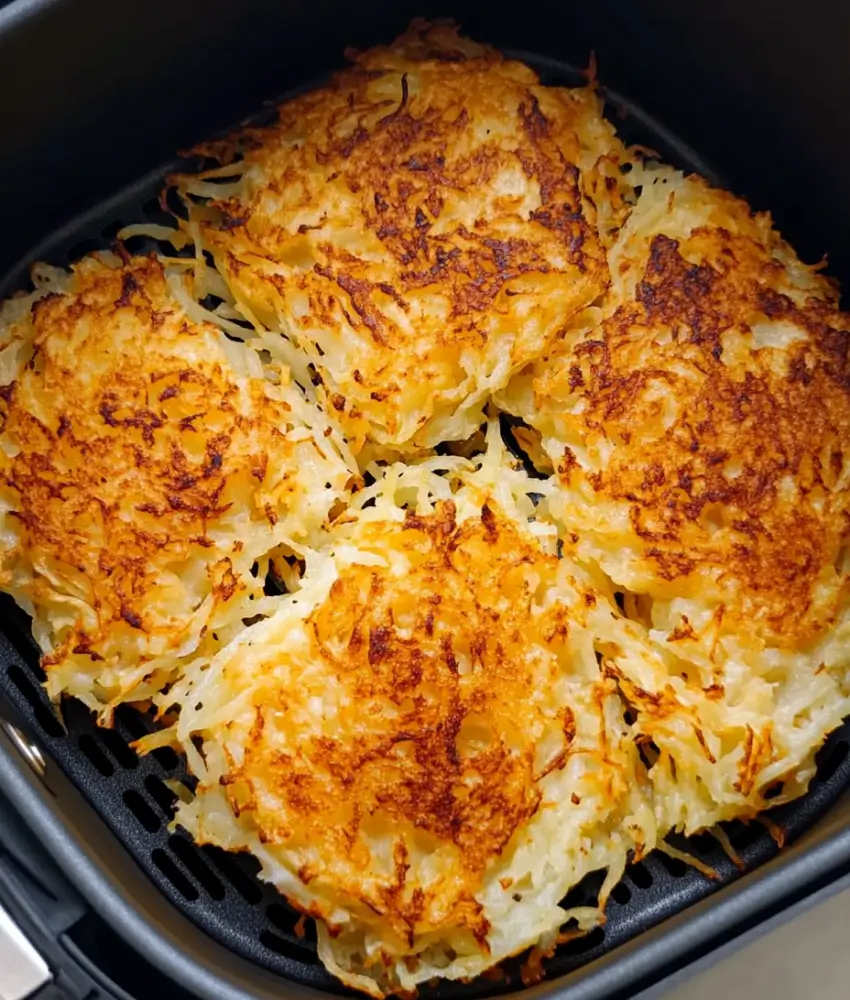 Golden-brown hash browns inside an air fryer basket, cooked to a perfect crisp.