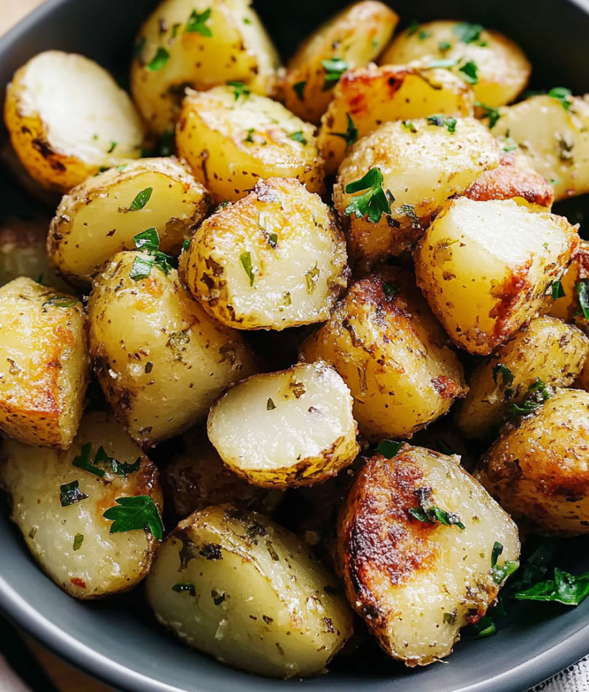 Close-up of crispy and golden air fryer potatoes seasoned with herbs and garnished with parsley, served in a black bowl.