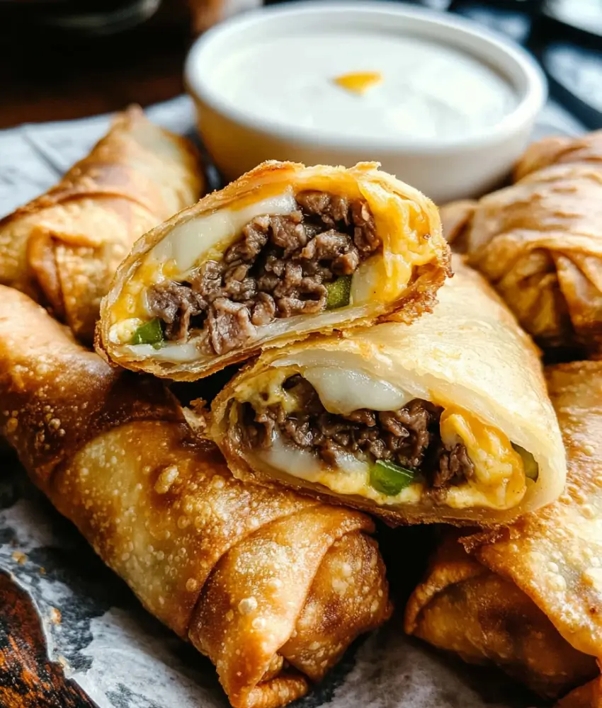 Close-up of crispy Philly cheesesteak egg rolls filled with beef, cheese, and green peppers, served with a creamy dipping sauce in the background.