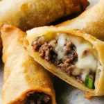 Close-up of Philly cheesesteak egg rolls with a golden crispy shell, filled with savory beef, melted cheese, and green onions.