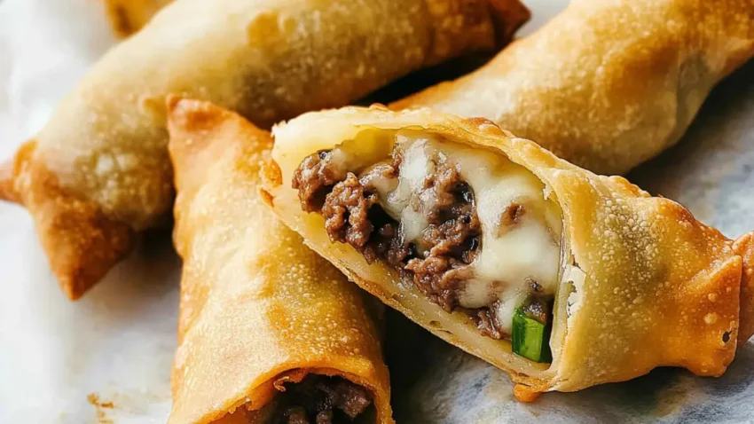 Close-up of Philly cheesesteak egg rolls with a golden crispy shell, filled with savory beef, melted cheese, and green onions.