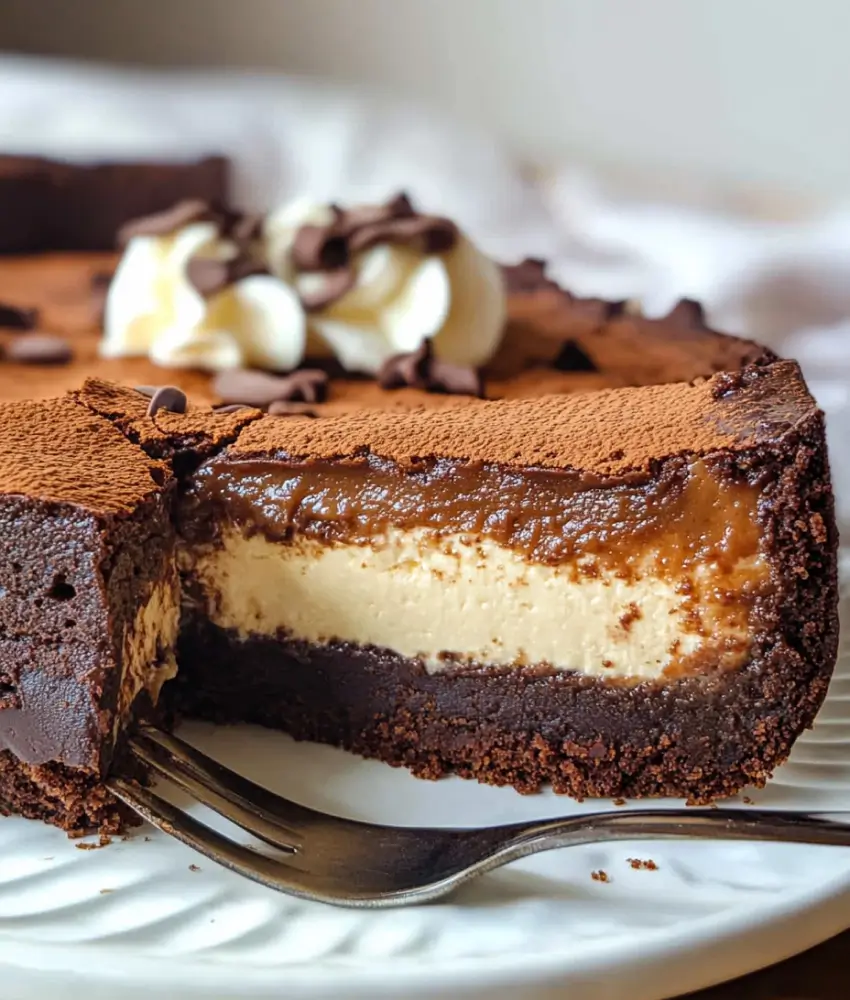 A slice of chocolate brownie cheesecake with a rich brownie base, creamy cheesecake filling, and glossy chocolate ganache topping, dusted with cocoa powder and garnished with whipped cream and chocolate curls.