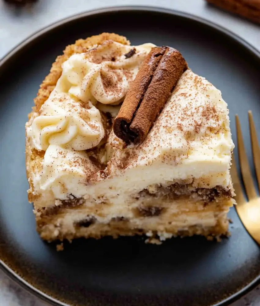 A close-up of a cinnamon roll cheesecake slice on a black plate, topped with whipped cream, a cinnamon stick, and a sprinkle of cinnamon.
