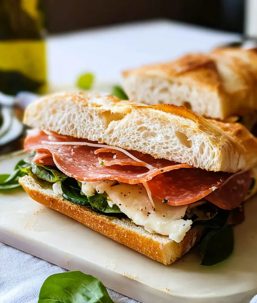 A rustic ciabatta sandwich filled with layers of salami, melted cheese, fresh spinach, and lightly seasoned toppings, served on a marble board.