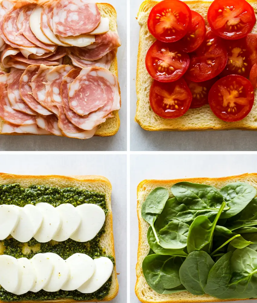 Four panels showing sandwich preparation: salami and cheese on bread, fresh tomato slices, mozzarella on pesto, and spinach leaves on toast.