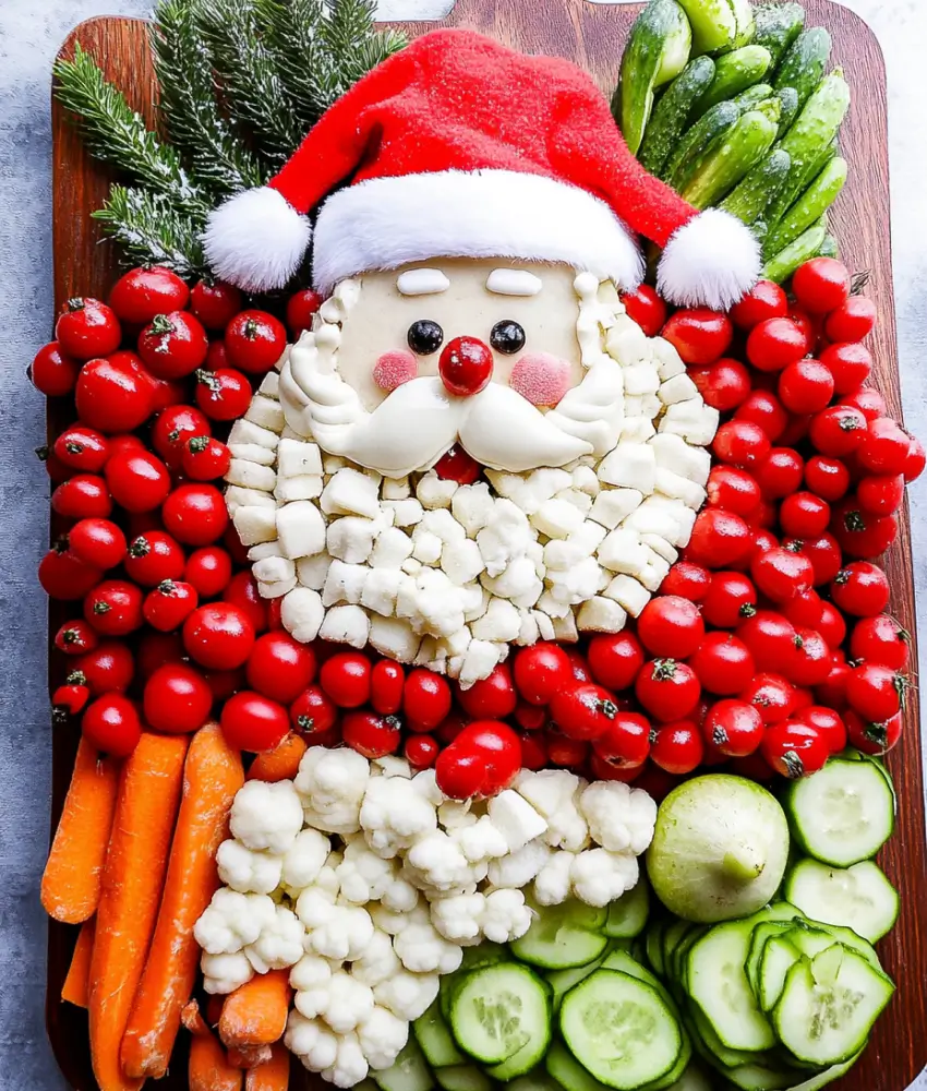 A festive Santa veggie platter made with cauliflower, cherry tomatoes, baby carrots, cucumbers, and a Santa hat decoration, arranged to resemble Santa Claus.